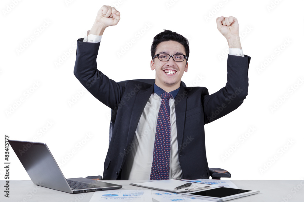 Smiling businessman celebrate his triumph Smiling businessman celebrate his triumph