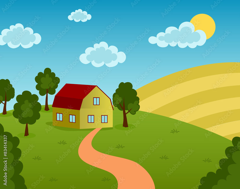 Vector illustration of a farm house on the field 