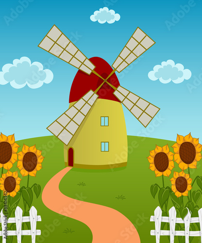 Vector illustration of a windmill on the sunflowers field 