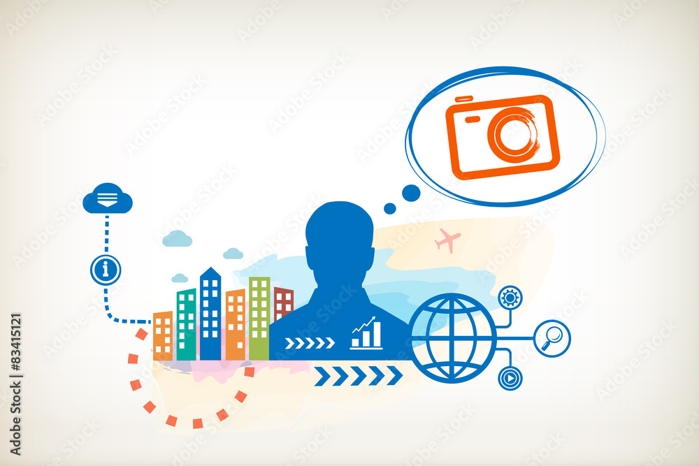 Photo camera and person with bubbles for dialogue. Photo camera and person with bubbles for dialogue.