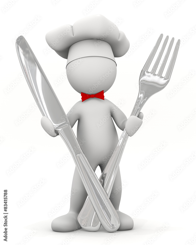 Illustrazione Stock omino bianco cuoco con forchetta e coltello | Adobe  Stock