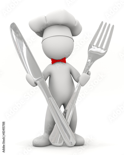 omino bianco cuoco con forchetta e coltello