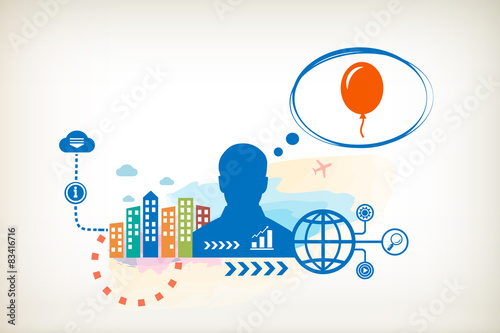 Balloon and person with bubbles for dialogue.