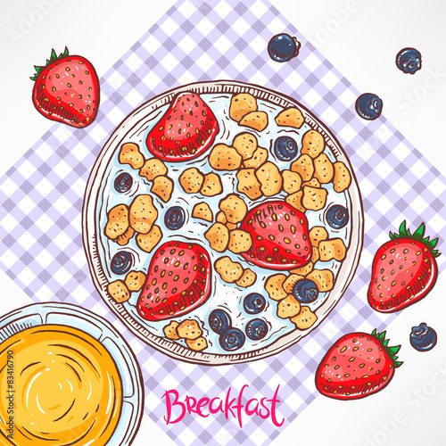 breakfast. cornflakes with milk and berries