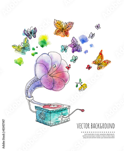 watercolor illustration with gramophone