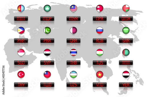 Countries flags with official currency symbols, Asia part 2