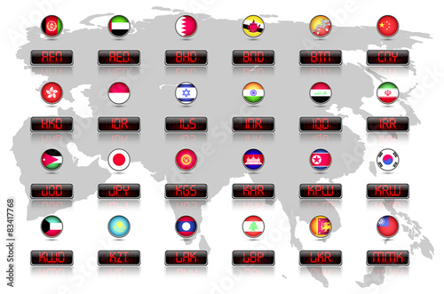 Countries flags with official currency symbols, Asia part 1