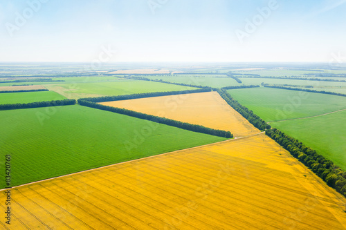 Green and yellow fields from above aerial view