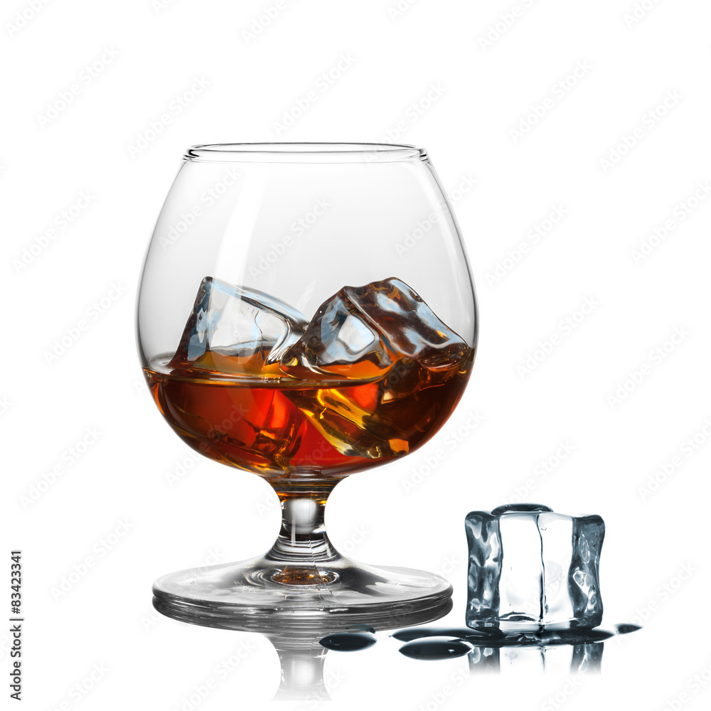 whiskey with ice in glass isolated on white background whiskey with ice in glass isolated on white background