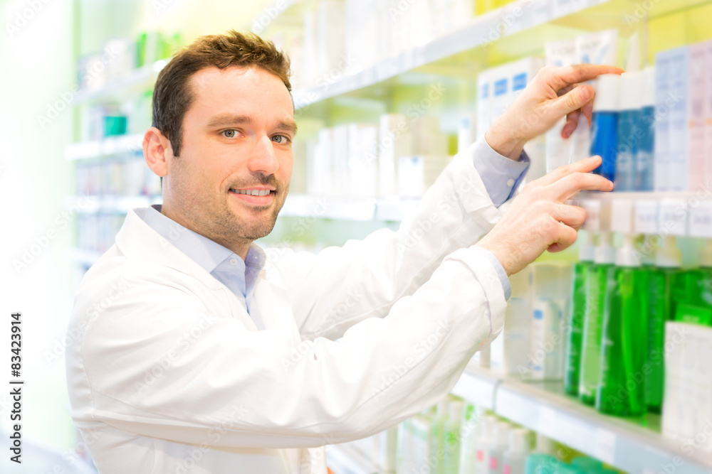 Attractive pharmacist clean the store up Attractive pharmacist clean the store up