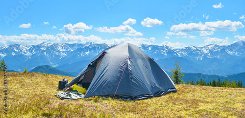 Tourist tent in mountains