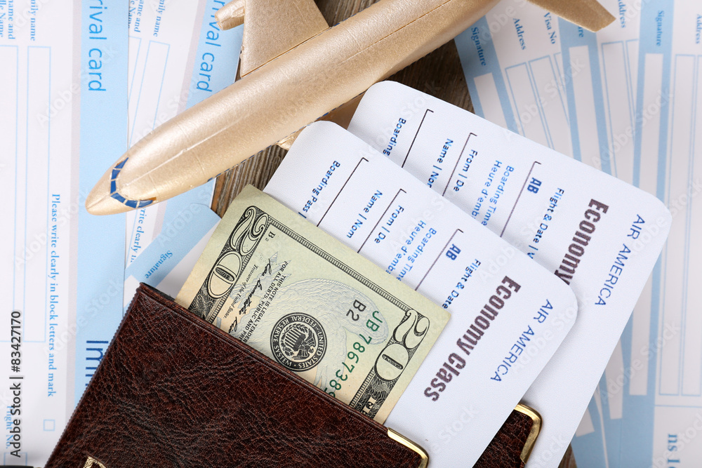 Fototapeta premium Airline tickets and documents, closeup
