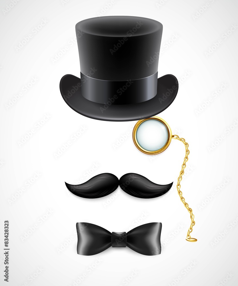 Αυτοκόλλητο Vintage silhouette of top hat, mustaches, monocle and a bow tie