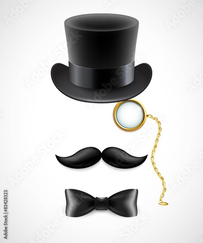 Vintage silhouette of top hat, mustaches, monocle and a bow tie photo