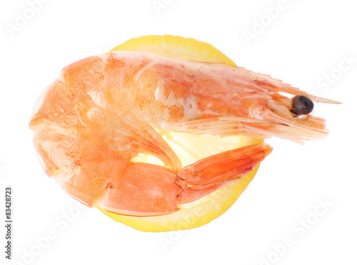 Boiled shrimp with lemon isolated on white