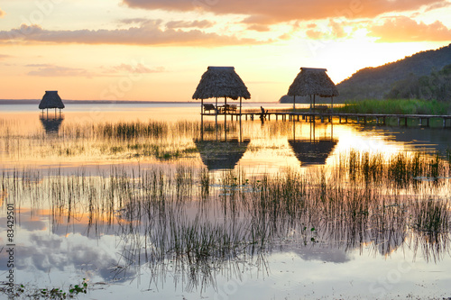 Sunset at the lake Peten Itza in El Ramate. Central America