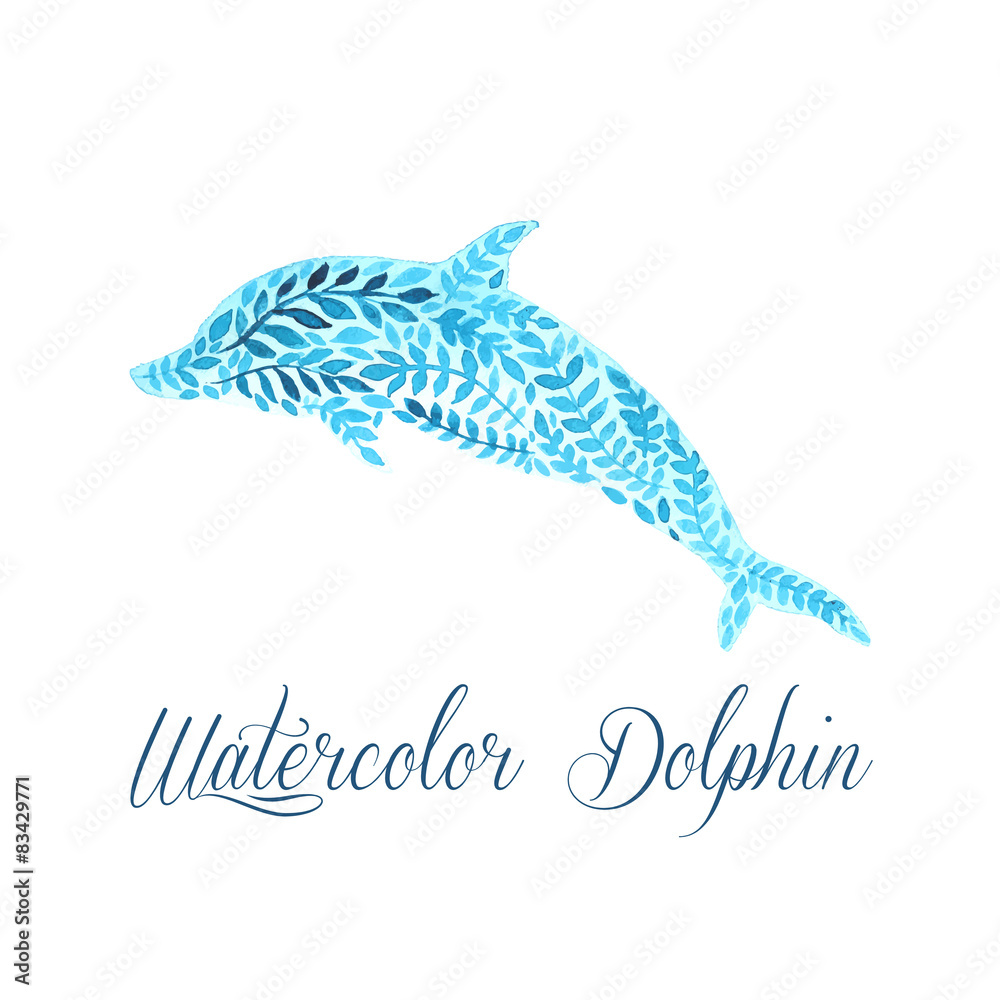 Fototapeta premium Patterned floral watercolor dolphin vector illustration