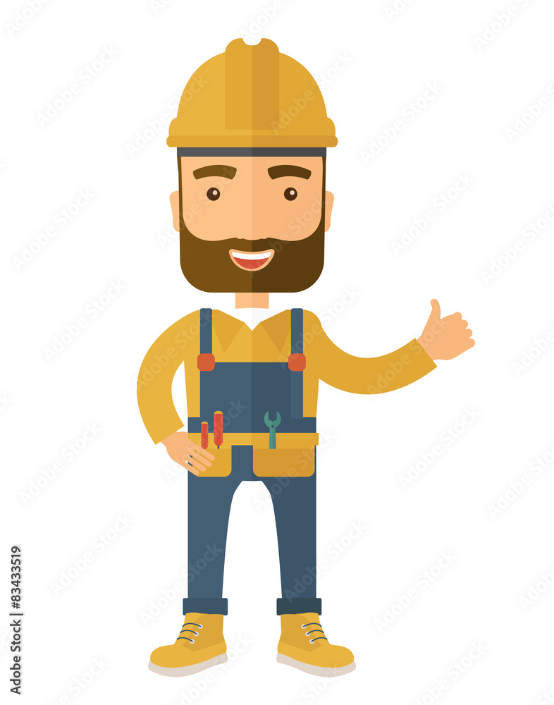 Illustration of a happy carpenter wearing hard hat and overalls Illustration of a happy carpenter wearing hard hat and overalls