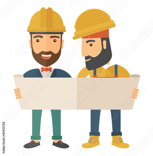 Two architects wearing protection helmets looking at blueprint. 