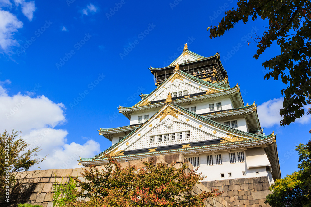 Osaka Castle in Osaka with autumn leaves, Japan.