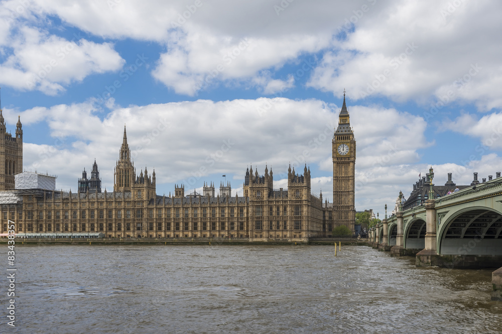 View of Big Ben and Houses of Parliament in London across Thames