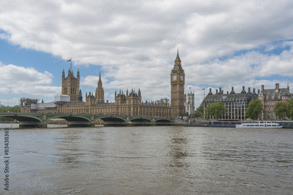 View of Big Ben and Houses of Parliament in London across Thames