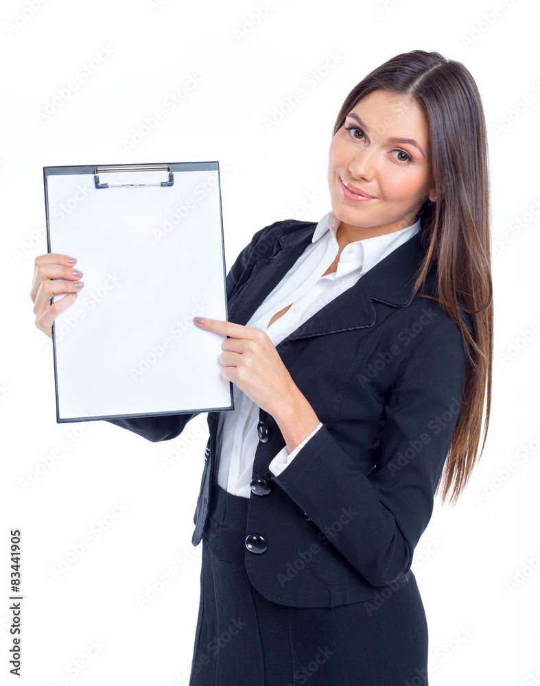 Businesswoman holding clipboard with blank sheet of paper Businesswoman holding clipboard with blank sheet of paper