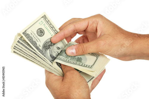 A Men hand holding hundred dollars bill on white background