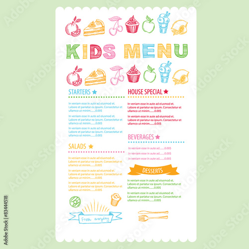 Kids menu. Vector template.