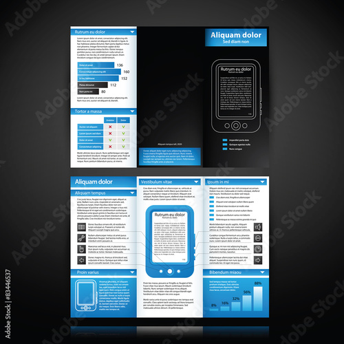 Blue-colored brochure template with tablet pc illustration.