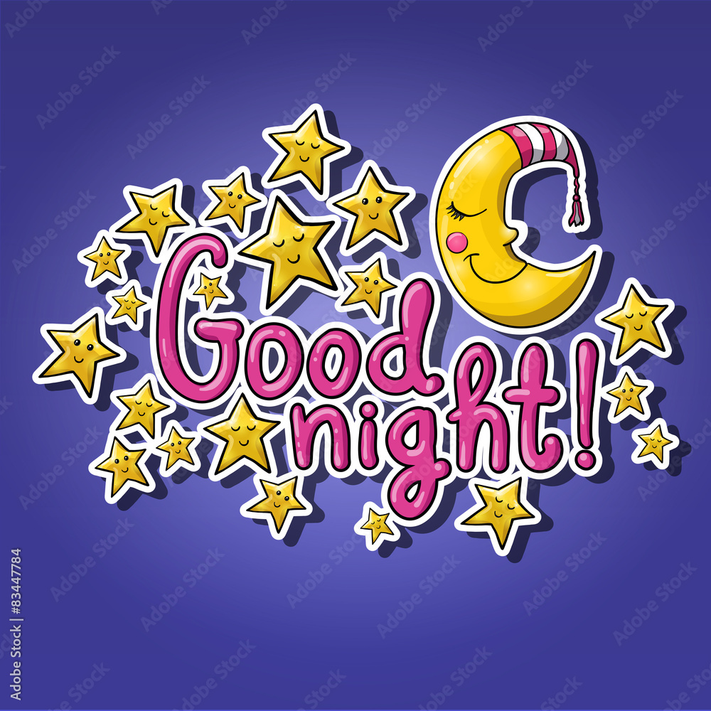 Good night! Sleeping moon in striped cap, sleeping stars, cartoo