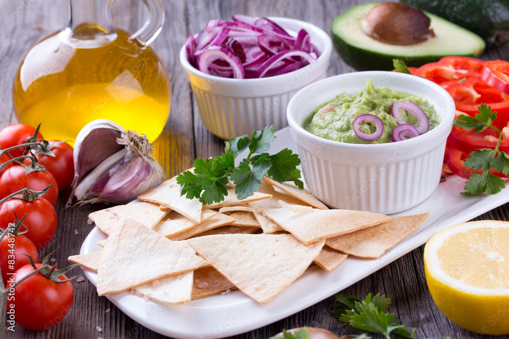 Tortilla Chips nachos, Guacamole and Ingredients Tortilla Chips nachos, Guacamole and Ingredients