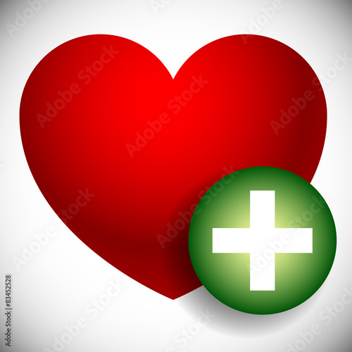 Heart with plus, cross symbol as heart health or favorite icon.
