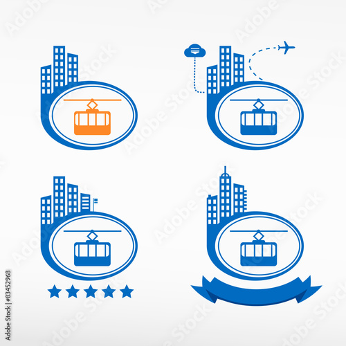 Cable way funicular icon on city background.