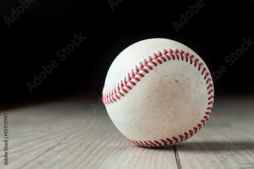Old baseball on wooden background and highly closeup