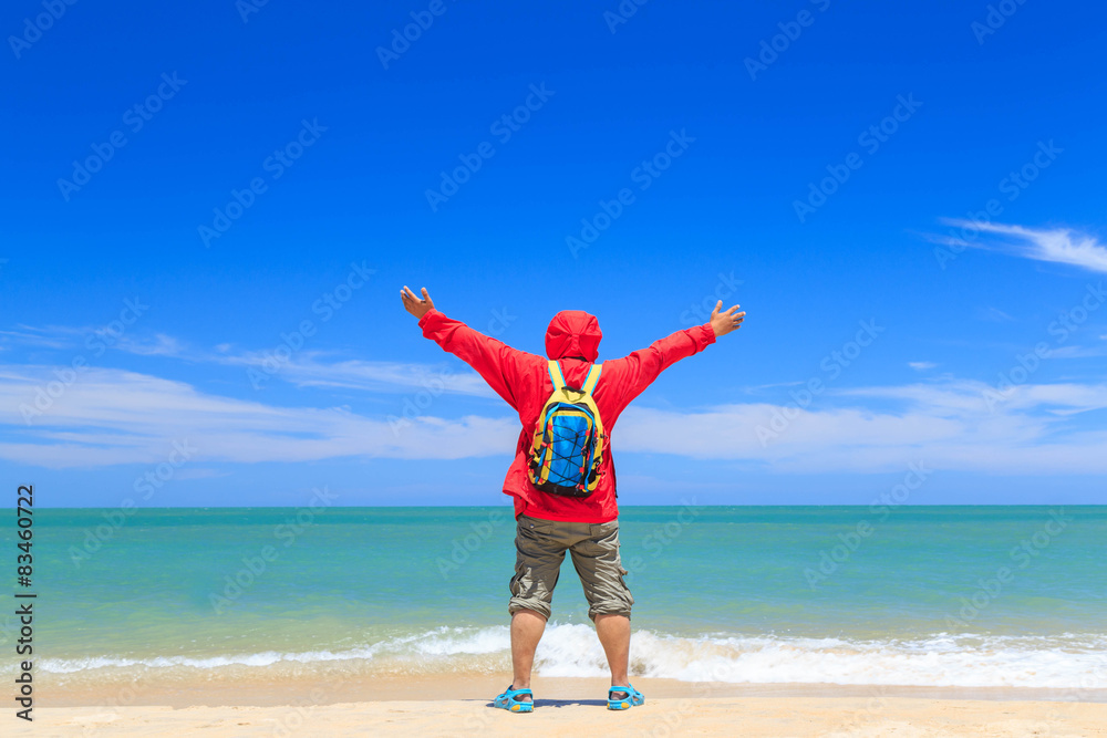 Man rised hands happiness on beach. concept for fredom, worship, Man rised hands happiness on beach. concept for fredom, worship,
