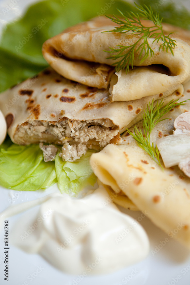 Crepes with the chicken, mushroom, lettuce Crepes with the chicken, mushroom, lettuce