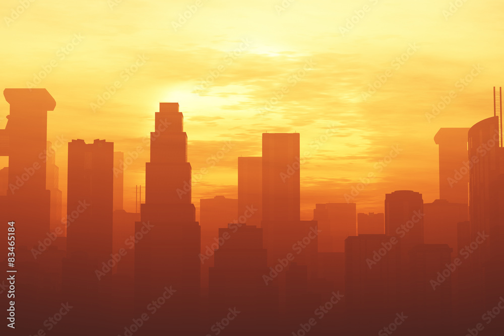 Huge Smoggy Metropolis in the Sunset Sunrise 3D artwork