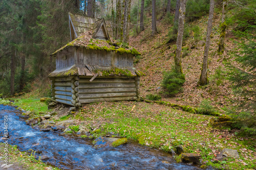 small wooden house in a mountain forest