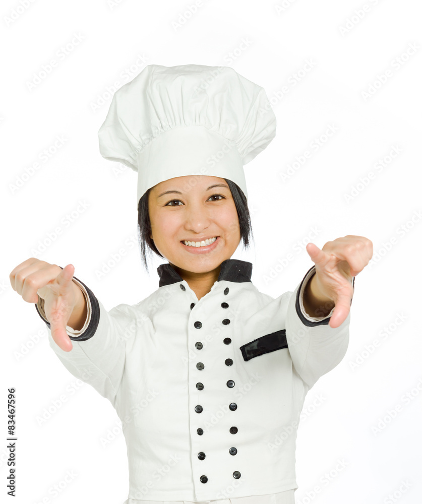 Model pointing to camera