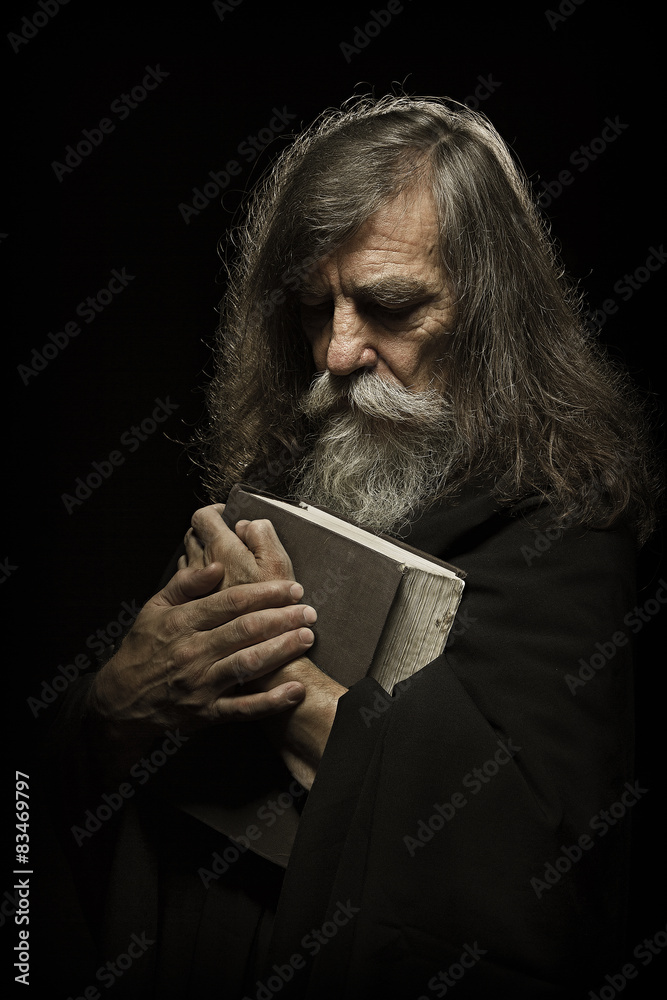 Senior Prayer, Old Man Praying with Hands on Bible Book - obrazy, fototapety, plakaty 