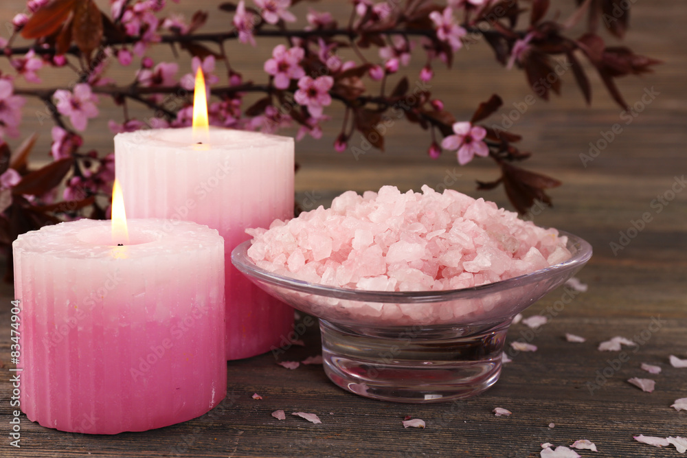 Spa still life with flowering branches on wooden background Spa still life with flowering branches on wooden background