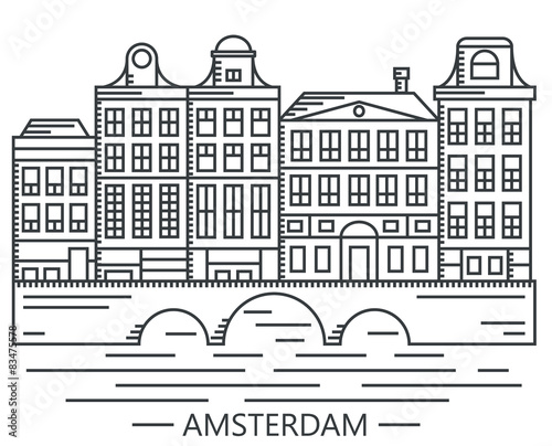 Old Amsterdam Holland houses on bridge set vector line drawn