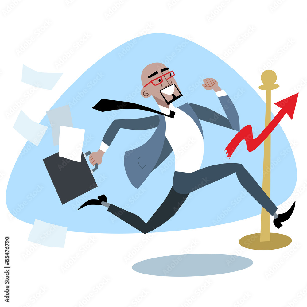 African businessman crosses the finish line chart of sales
