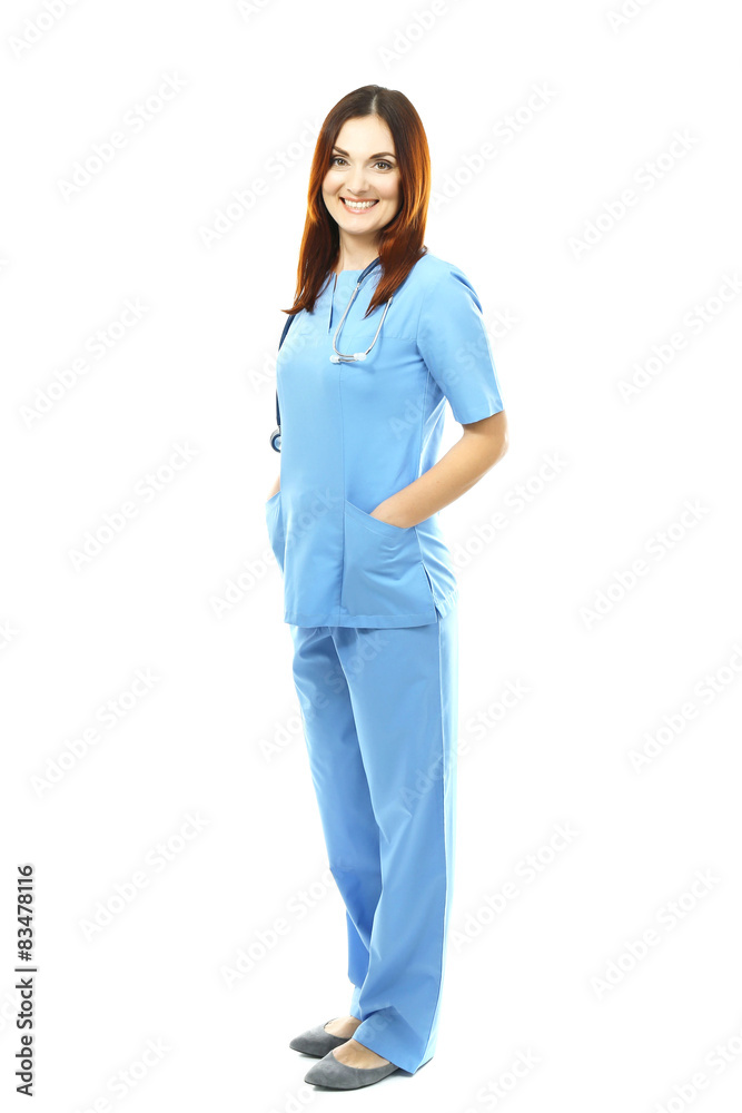 Beautiful doctor woman isolated on white Beautiful doctor woman isolated on white