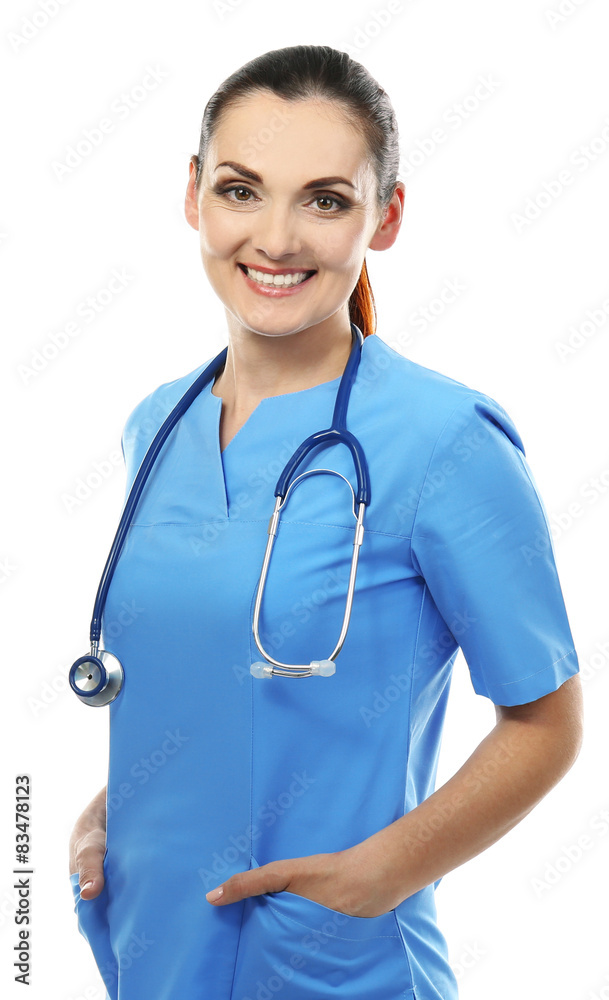 Beautiful doctor woman isolated on white Beautiful doctor woman isolated on white