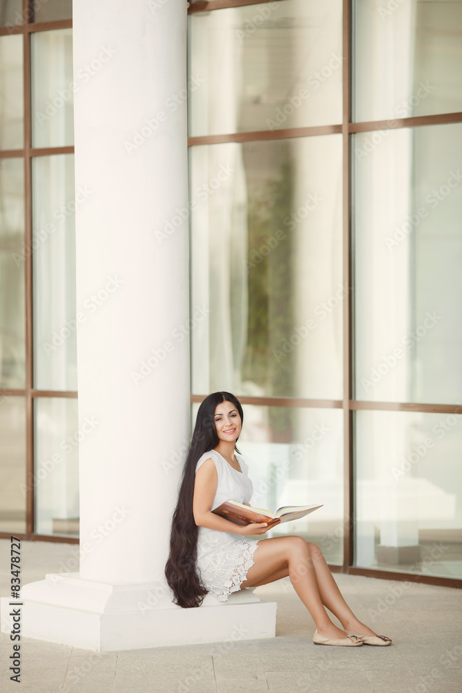 Happy woman reading book student univatsity Happy woman reading book student univatsity