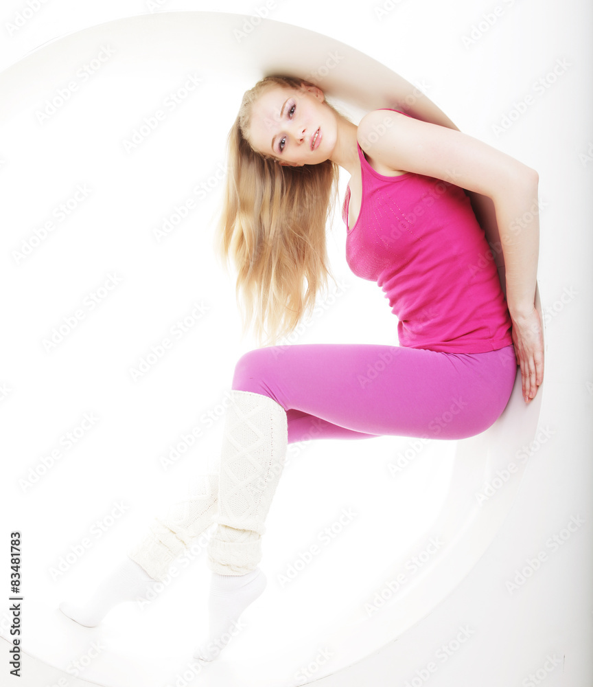 sporty woman posing in pink circle sporty woman posing in pink circle