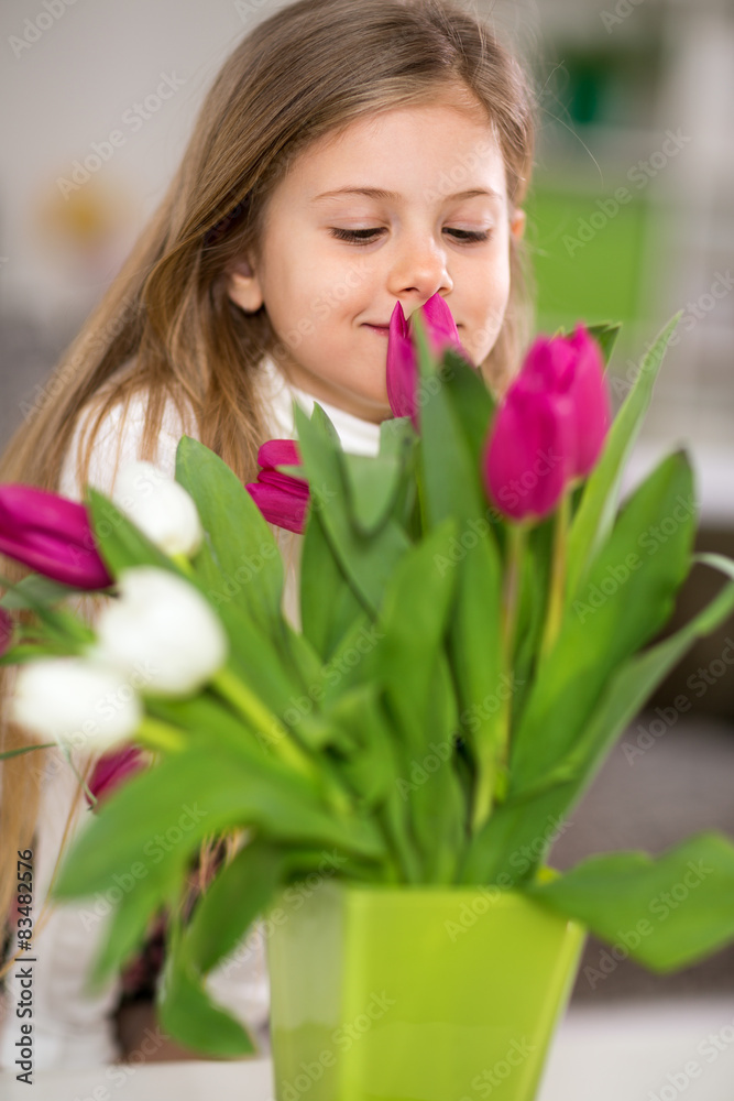 girl with bouquet of tulips girl with bouquet of tulips