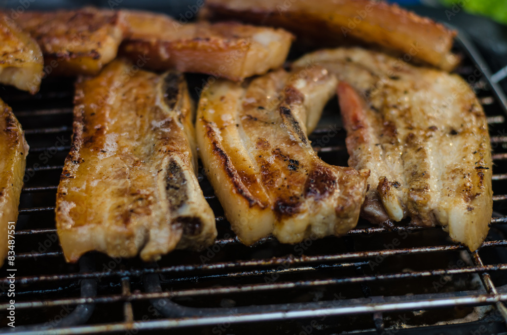 grilling pork in market . grilling pork in market .